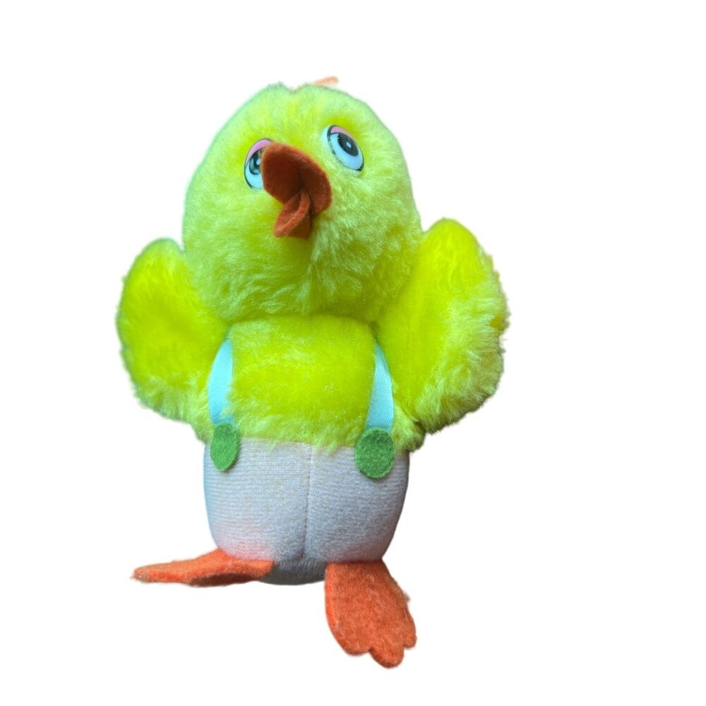 Vintage Chicken Chick Small Plush Easter Stuffed Animal Overalls Plastic Eyes
